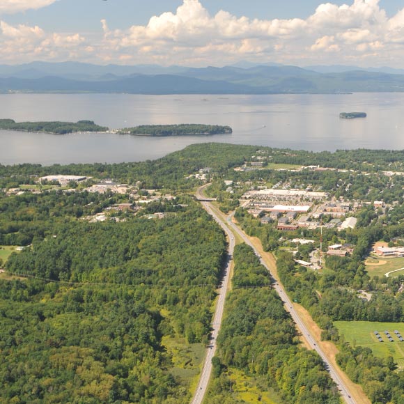 Aerial photo of Burlington approaching Lake Champlain