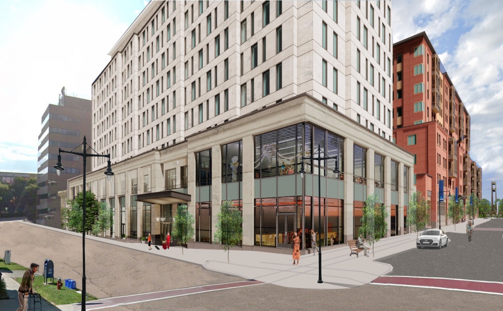 CityPlace Burlington architectural rendering showing view from Bank and the newly reconnected St. Paul Street